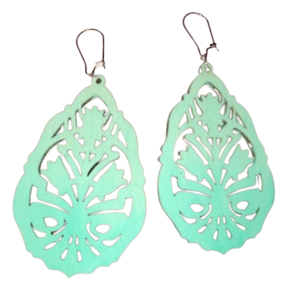 Hand Painted Aqua Blue Turquoise Wood Earrings Art Nouveau Big Water Drop Ombre